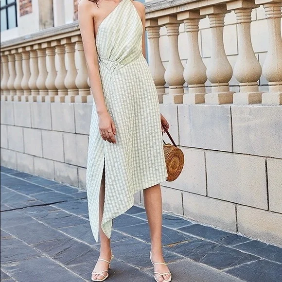 plaid one shoulder dress NWT Maeve Anthropologie Waverly Multicolor Plaid One Shoulder Midi Dress Size 12